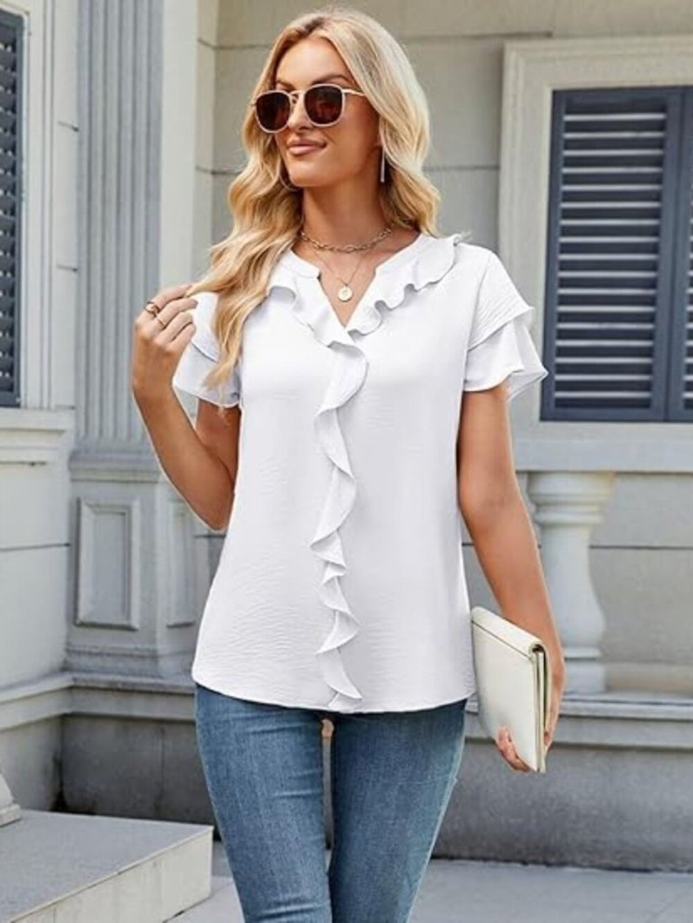 Large White Ruffle Front Short Sleeve Tiered V Neck Chiffon Blouse - Picture 4 of 7